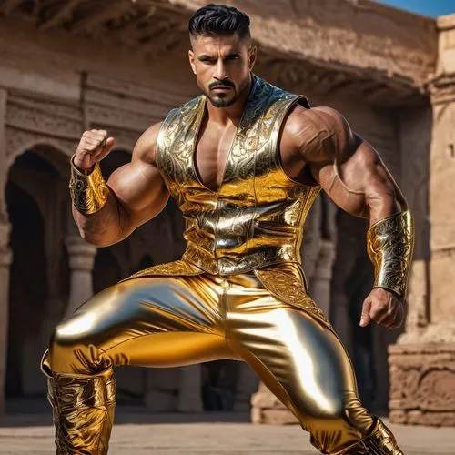 the most insanely handsome genie imaginable, wearing gold metal pants, gold metal vest and gold metal boots, with powerful muscles, ,dhritarashtra,ranveer,zanjeer,sultan,rudra,gautam,daivari,mahabali,