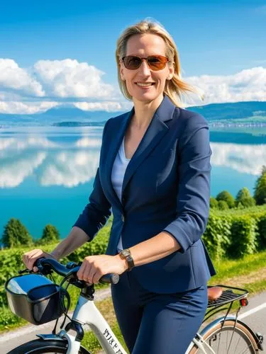 When Alice Weidel is on her ride through the constituency on Lake Constance, she radiates a special grandeur.,a woman in a suit and sunglasses riding her bike,cretu,weidel,woman bicycle,cycling,eurove