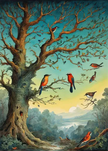 birds on a branch,birds on branch,songbirds,bird kingdom,bird robins,bird bird kingdom,flock of birds,birds in flight,wild birds,flying birds,the birds,robin redbreast in tree,ornithology,bird painting,migratory birds,tropical birds,bird migration,cardinals,society finches,birds flying,Art,Classical Oil Painting,Classical Oil Painting 39