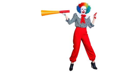 crazy clown, colorful wig, red nose, white face paint, exaggerated eyebrows, bright red lipstick, oversized clothing, baggy pants, ruffled collar, pointed shoes, holding a squirt gun, maniacal laughte