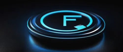 FP logo, modern minimalist design, silver metallic texture, sleek lines, circular shape, 3D effect, glowing blue LED light, high-tech futuristic feel, dark background, close-up shot, shallow depth of 