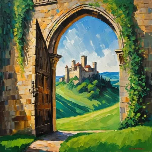 Rolling hills, lush green grass, soft blades swaying gently in the wind, natural texture, subtle shading, intricate details, medieval-style stone castle, grand entrance with large wooden doors, toweri