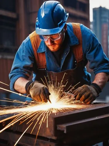 Industrial workshop, metal fabrication, steel beams, welding sparks, machinist, safety goggles, blue overall, gloves, strong hands, intense facial expression, focused, urban background, cityscape, sky