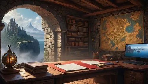 study room,fantasy landscape,3d fantasy,fantasy picture,scriptorium,fantasy art,bureau,book wallpaper,background design,alcove,cartoon video game background,writing desk,inglenook,storybook,game room,reading room,windows wallpaper,hobbiton,consulting room,world digital painting,Photography,General,Natural