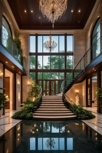 Luxury mansion, modern architecture, grand entrance, marble floor, crystal chandelier, sweeping staircase, high ceiling, large windows, minimalist decor, elegant lines, sleek surfaces, lavish furnishi