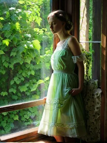 This picture shows a young English Lady in a light-colored dress standing at a window. Her gaze is directed outside and she appears to be pensive. Bright colors. The surroundings outside appear green 