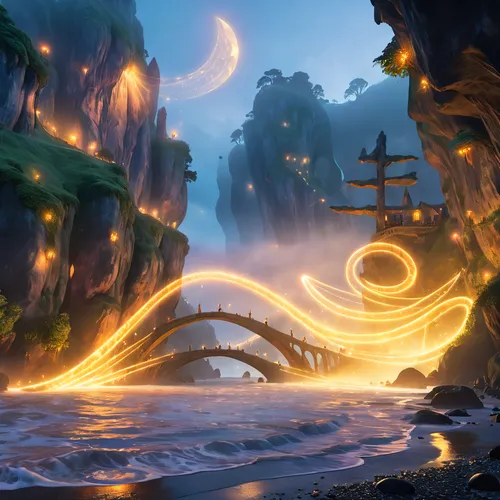 fantasy landscape,tangled,dragon bridge,maelstrom,monkey island,the mystical path,fantasy picture,flow of time,concept art,world digital painting,portals,cg artwork,fantasia,cartoon video game backgro