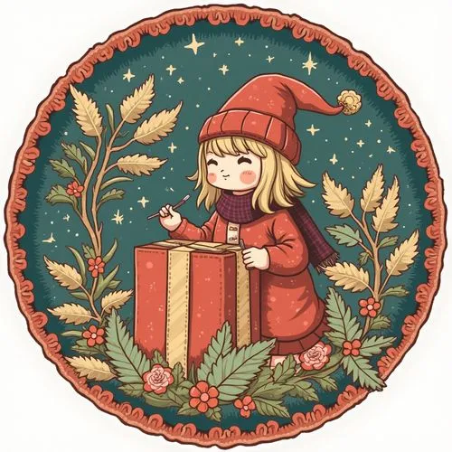 pomponia,christmas motif,yule,christmas stickers,christmas pattern,blonde girl with christmas gift,Illustration,Realistic Fantasy,Realistic Fantasy 12