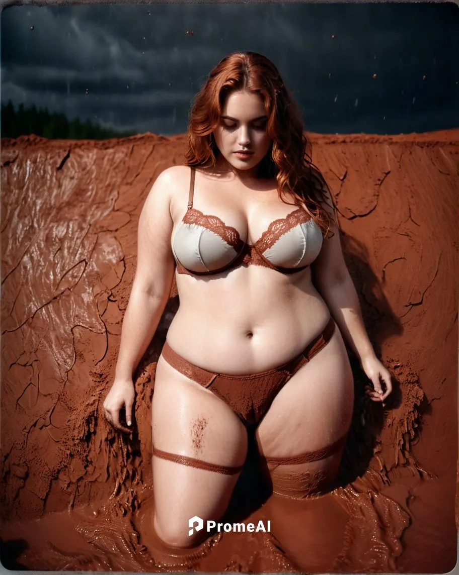 high class photography of a super plus size model, back view, realistic --s 250 --v 5.2 --style raw . she is soaked and covered in red clay. there hair is soaked and completely covered in red clay. sh