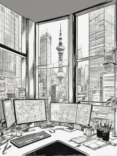 office line art,working space,workspace,workspaces,modern office,offices,trading floor,work space,blur office background,office buildings,sketchup,workstations,office,office desk,workstation,workplace,city scape,revit,desktops,mono-line line art,Illustration,Paper based,Paper Based 30