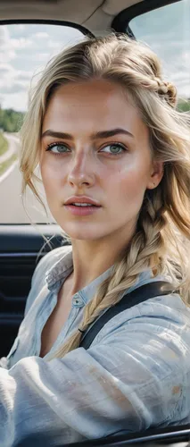 Watercolor thriller. Wind in hair 30 year old girl in the car with tiny waist. Driving, wearing casual clothing, lazy Sunday morning. Extreme angle shot. Pastel color grading. White background. Light 