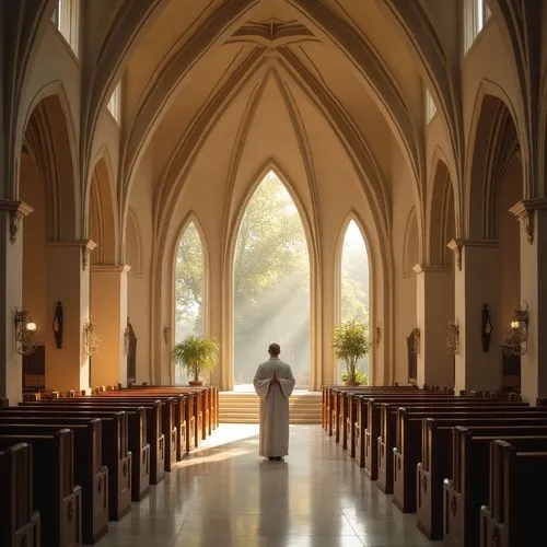 Modern church, Fibreglass roof, vaulted ceiling, stained glass windows, intricate stone carvings, grandiose entrance, ornate door handles, subtle lighting, dramatic shadows, warm beige walls, polished