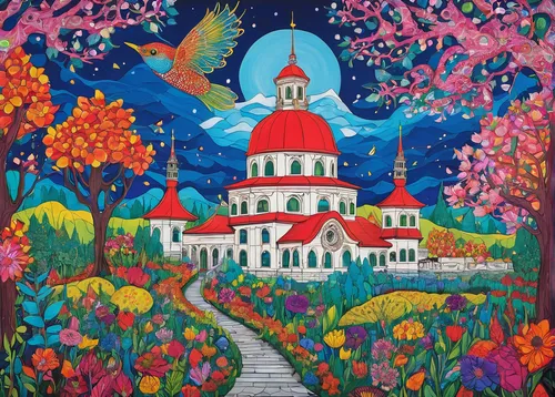 church painting,khokhloma painting,observatory,flower painting,flower garden,moldova,russian folk style,kazan,sochi,colorful city,tulip festival,tatarstan,basil's cathedral,fairy galaxy,bulgaria,santorin,motif,moravian star,yucatan,crimea,Illustration,Abstract Fantasy,Abstract Fantasy 04