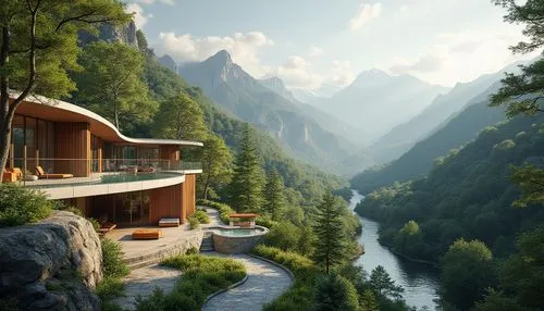 house in the mountains,house in mountains,the cabin in the mountains,mountain huts,mountainside,rivendell,mountain landscape,mountain settlement,fallingwater,mountainous landscape,tigers nest,house by the water,home landscape,alpine landscape,river view,mountain valley,beautiful landscape,cliffside,fantasy landscape,river landscape,Photography,General,Realistic