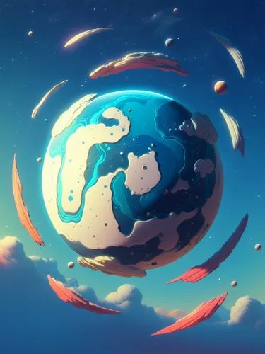 A planet in space,a stylized image of a blue and white earth,globecast,globe,iplanet,earth,little world,burning earth,Illustration,Japanese style,Japanese Style 07