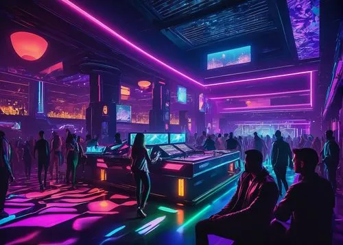 nightclub,clubbing,ufo interior,neon drinks,neon cocktails,dance club,80s,neon coffee,cyberpunk,retro diner,nightlife,80's design,neon lights,arcade,neon light,cinema strip,unique bar,neon ghosts,disco,futuristic art museum,Illustration,Paper based,Paper Based 26