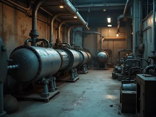 Modern industrial design, galvanized steel, metallic texture, rough surface, silver-gray color, rusty tone, urban atmosphere, abandoned factory, old machinery, pipes and valves, distressed walls, conc