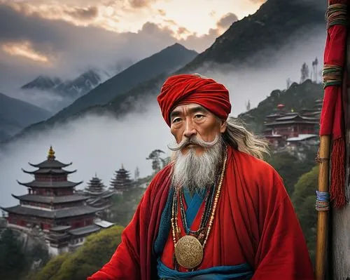 Mature captain, Dali ancient costume, strong facial features, short white beard, mustache, wrinkled skin, wise eyes, golden earrings, red turban, luxurious brocade robe, intricately embroidered with s