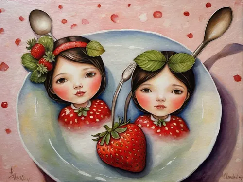 Two spoons and a strawberry,strawberries,strawberries in a bowl,salad of strawberries,strawberry dessert,watermelon painting,strawberry pie,strawberry,strawberry jam,virginia strawberry,strawberry tar