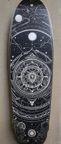 planetary system,skateboard deck,wood board,sand board,astronomical object,on wood,planisphere,centerboard,orbiting,moon phase,solar system,board in front of the head,geocentric,wooden board,astronomical,harmonia macrocosmica,celestial bodies,saturn,the solar system,star chart,Illustration,Black and White,Black and White 19