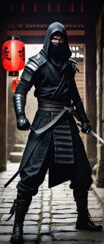 Ninja, venomous snake coiled around arm, dark ninja costume, hood up, menacing eyes, pale skin, sharp jawline, muscular build, black gloves, boots, belt with silver buckle, Japanese background, ancien