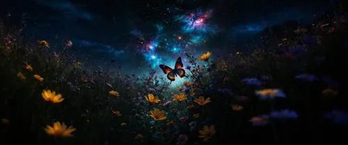 таинственный ночной луг весь в цветах,a flower field with multiple erflies flying in the sky,fairy galaxy,butterfly background,falling flowers,fairy forest,fairy world,forest of dreams