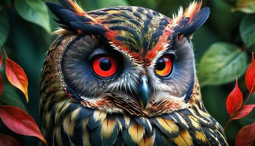 A vibrantly colored owl with piercing red eyes camouflaged among leaves. The image evokes a sense of mystery, danger, and the beauty of nature's intricate designs.,eared owl,long-eared owl,owl butterf