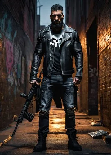 Muscular man, Punisher, black leather jacket, ripped jeans, heavy boots, intense gaze, scars on face, gritty beard, tattoos on arms, holding a rifle, standing in a dark alley, cityscape at night, graf