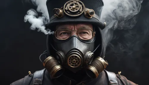 respirator,respirators,gas mask,smoke background,beekeeper's smoker,pollution mask,poison gas,steampunk,pyro,breathing mask,ventilation mask,steam machine,steam icon,beekeeping smoker,industrial smoke,medic,bane,steam,firefighter,engineer,Illustration,Realistic Fantasy,Realistic Fantasy 17