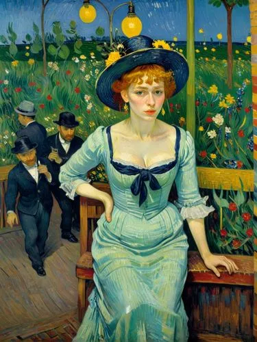 Entertainers in a Parisian nightclub.. Let the motif appear as a French impressionist painting as if it had been painted by Vincent van Gogh.,a woman sitting at a table in a green dress,vincent van go