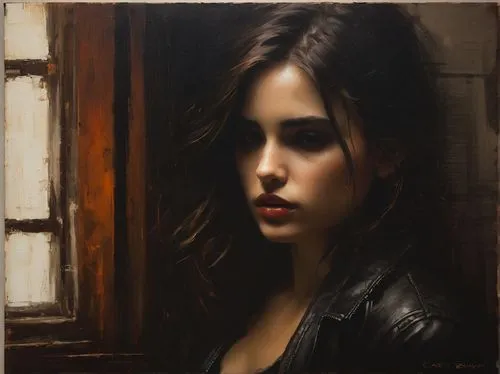 **Input 1,a woman with dark makeup standing next to a window,donsky,jeanneney,vanderhorst,sheedy,mystical portrait of a girl,dark portrait,oil painting on canvas,oil painting,etty,heatherley,girl port