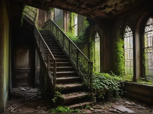 Abandoned, crumbling skyscraper, Gothic architecture, intricate stone carvings, broken windows, rusty metal beams, overgrown with vines, moss-covered walls, eerie atmosphere, foggy weather, cityscape,