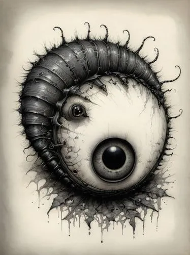 "An adorable creepy cute illustration of a large eyed fuzzy caterpillar crawling out of a tattered doll's eye socket/Jean Baptiste Monge/Gris Grimly/Tony Diterlizzi/Bill Carman/8k resolution/ultra hyp