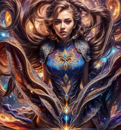 a digital artwork piece of a woman with her hair in the air and a space in front of her,kerrigan,kerrii,jaina,varya,lalazarian,fantasy art