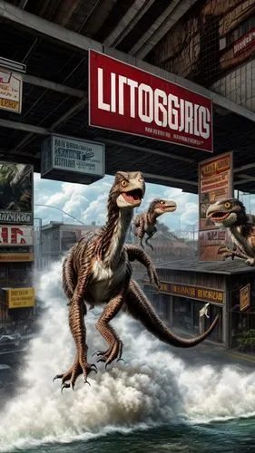 Velociraptors attacking a furniture store, tearing and destroying, water to leak and electrical sparks to fly, dangerous environment.,landmannahellir,velociraptor,dinosaruio,lissotriton,south american