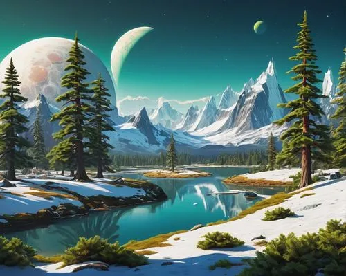 landscape background,snowy mountains,cartoon video game background,nature background,coniferous forest,fantasy landscape,Conceptual Art,Sci-Fi,Sci-Fi 20