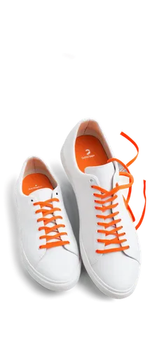 White tennis shoes, sporty style, lace-up, vibrant orange laces, soft leather material, suede texture, low-top, sleek design, bright white soles, dynamic pose, 3/4 composition, shallow depth of field,