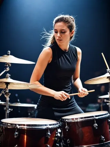 A great female drummer in full action!,a young woman is playing the drums in front of microphones,whiplash,drumming,hand drums,drumbeat,drumbeats,jazz drum,Photography,Documentary Photography,Document