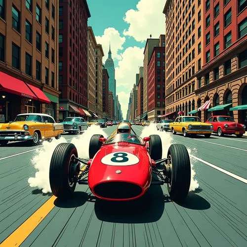 racecar racing on a road between the skyscrapers of New York, 1950s comic style, the word "Vrooooom..." written in the smoke,an automobile drives down the road with smoke coming out of it,racing road,