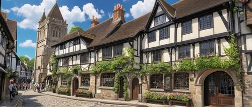 canterbury,medieval street,townscapes,shrewsbury,ledbury,burford,hertford,york,helmsley,leycester,chichester,half-timbered houses,ightham,lichfield,ludlow,eastgate street chester,medieval town,jacobean,sherborne,timber framed building,Illustration,Japanese style,Japanese Style 04