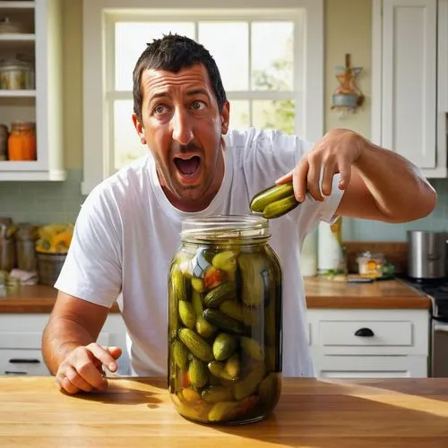 Adam Sandler, funny expression, messy brown hair, casual wear, white t-shirt, blue denim jeans, sneakers, holding a giant transparent glass jar of pickles, pickle juice dripping down his arm, kitchen 