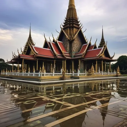 สร้างรูปวัดไทยภาพคมชัดเสมือนจริง,ออกแบบสถาปัตยกรรมลวดลายวิจิตรตระการตา,งดงามน่าศรรัทธา,มีน้ำด้านหน้า,ภาพมืออาชีพ,grand palace,buddhist temple complex thailand,thai temple,dhammakaya pagoda,chiang mai,