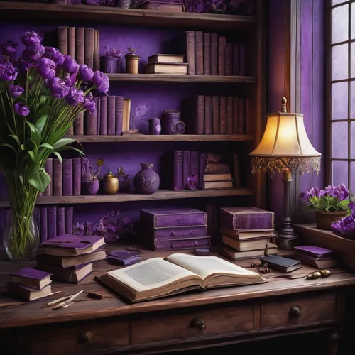 "A room with many flowers and a rustic bookshelf and desk, in shades of purple.",wisteria shelf,purple wallpaper,vintage lavender background,bookshelves,violet colour,bookcase,lilacs,the purple-and-wh