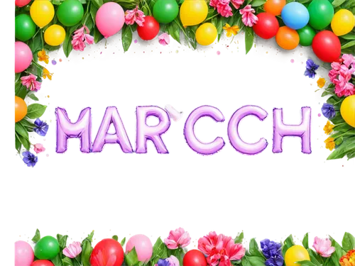 March poster, vertical layout, colorful background, festive atmosphere, spring elements, blooming flowers, greenery, vibrant balloons, shiny confetti, bold fonts, creative typography, 3D effects, brig