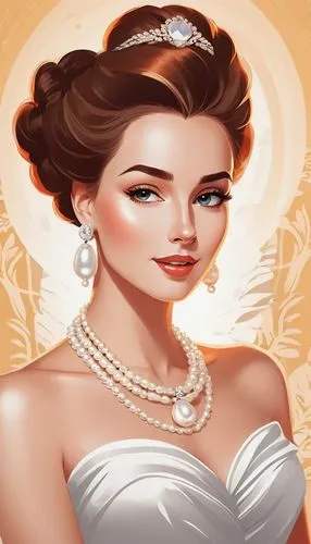 Glamour woman portrait, sophisticated styling, pearl jewelry, elegant pose, luxurious setting, portrait photography,a woman in a dress and jewelry,bridewealth,bridal jewelry,maxon,bridal,silver weddin