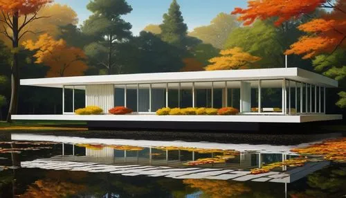 mies,mid century house,mid century modern,midcentury,neutra,mirror house,pool house,bunshaft,eichler,yamasaki,houseboat,modernism,house with lake,autumn camper,house in the forest,gazebo,golden pavilion,forest house,boathouse,pavillon,Conceptual Art,Sci-Fi,Sci-Fi 07