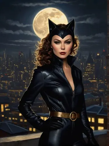 Catwoman, long curly brown hair, whiskers, cat ears, black leather jumpsuit, golden belt, high heels, confident posture, standing, city rooftop, night scene, full moon, dark alleys, misty atmosphere, 