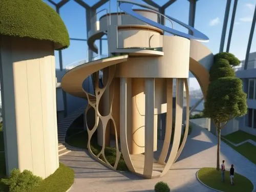 crear un edificio o una plaza en la cual haya personas, puentes, arboles, utilizando la imagen como punto principal,a house that has been designed to resemble a spiral design,observation tower,sky spa