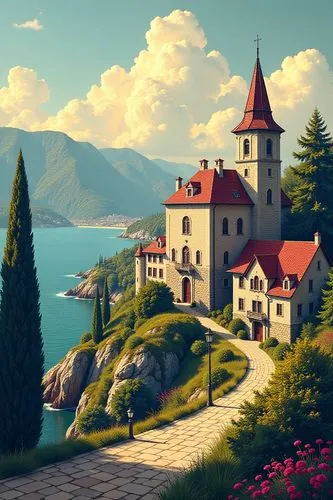 butka,fairy tale castle,landscape background,cartoon video game background,fairytale castle,lake thun,Illustration,Realistic Fantasy,Realistic Fantasy 02