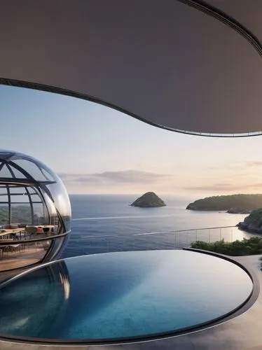 infinity swimming pool,futuristic architecture,etfe,futuristic landscape,amanresorts,glass roof,Photography,General,Natural